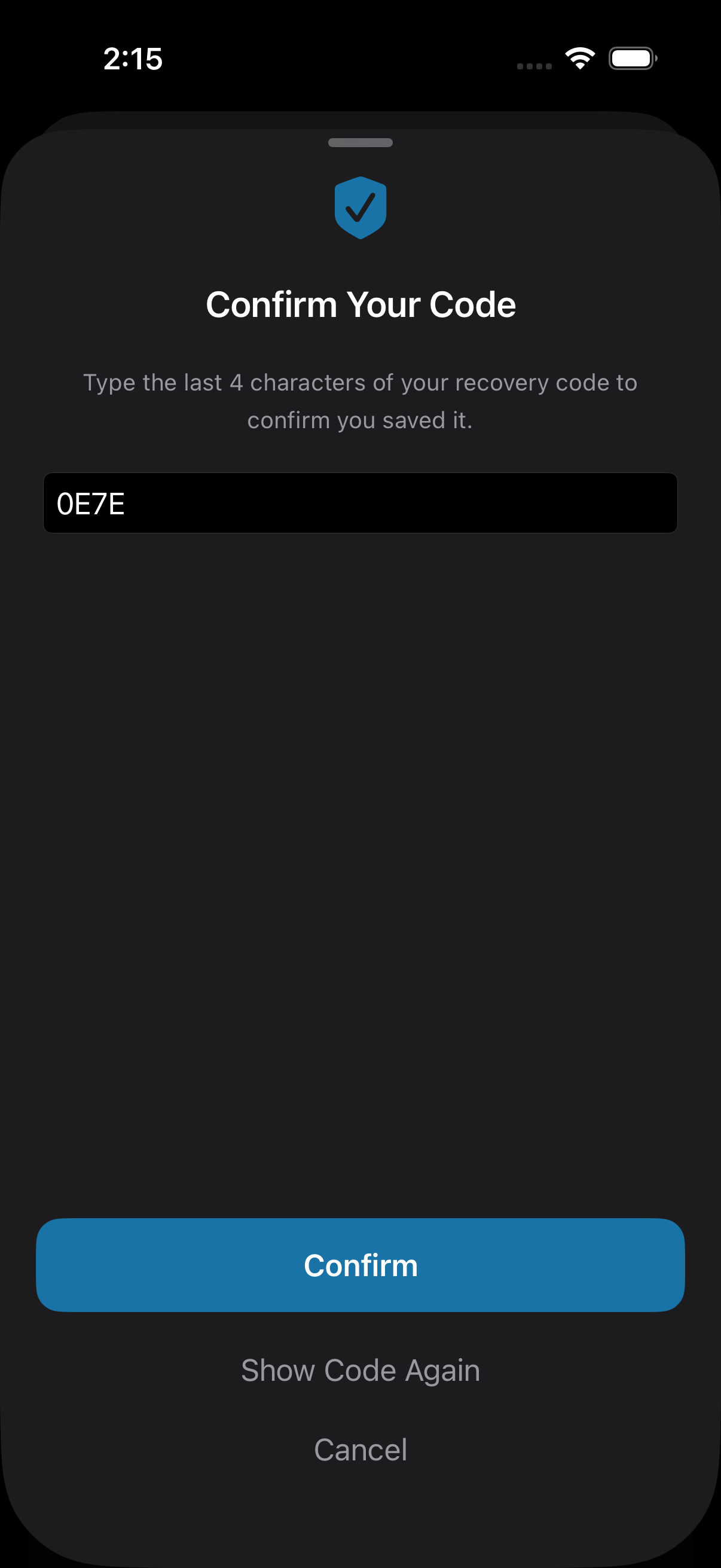 Confirming you saved your recovery code