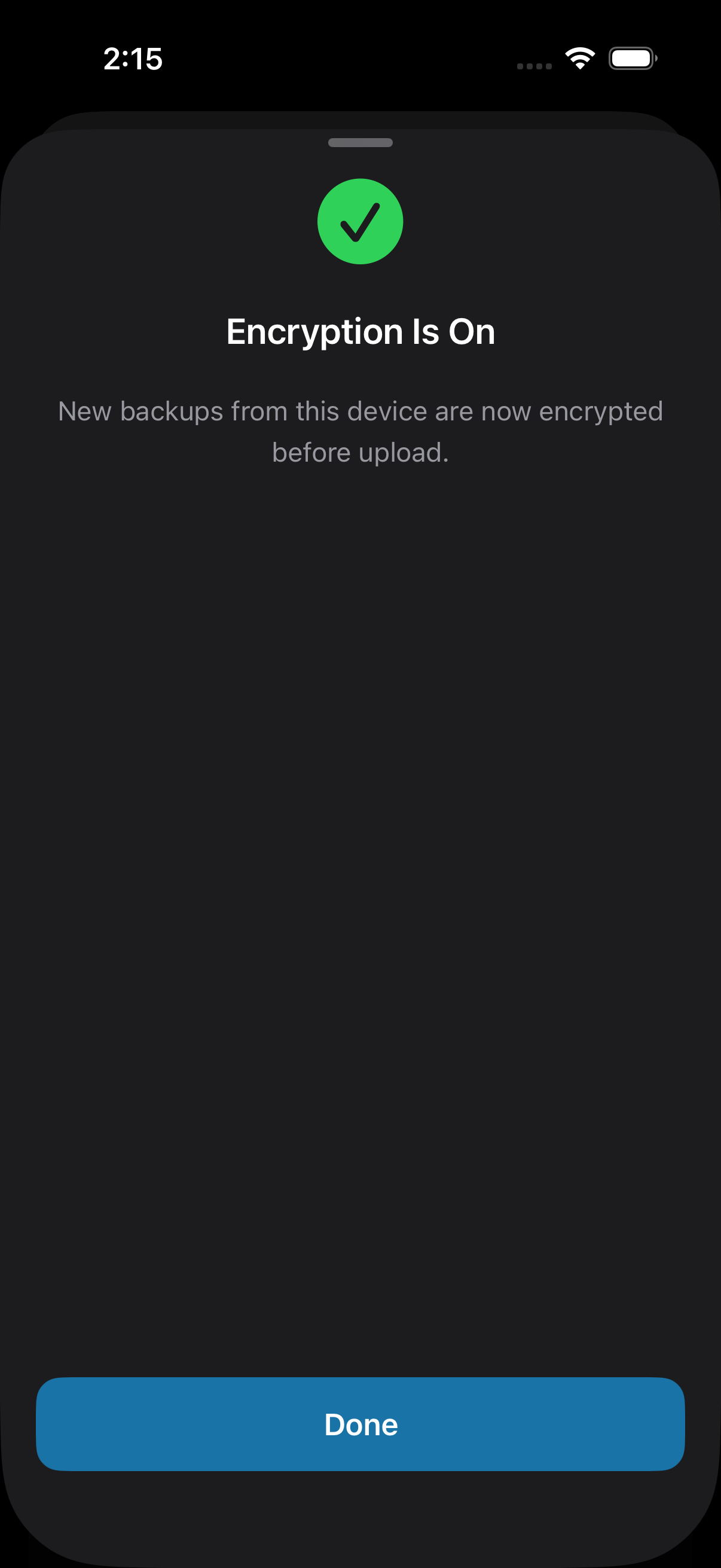Encryption is on — new backups are locked automatically