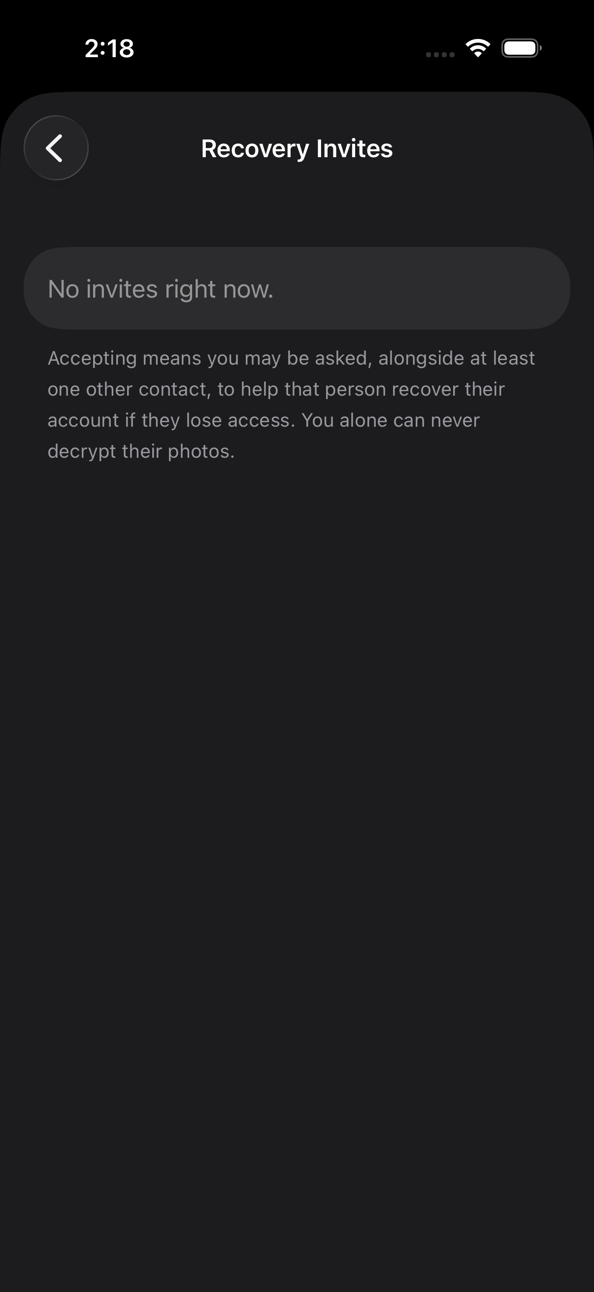 Reviewing a recovery contact invite