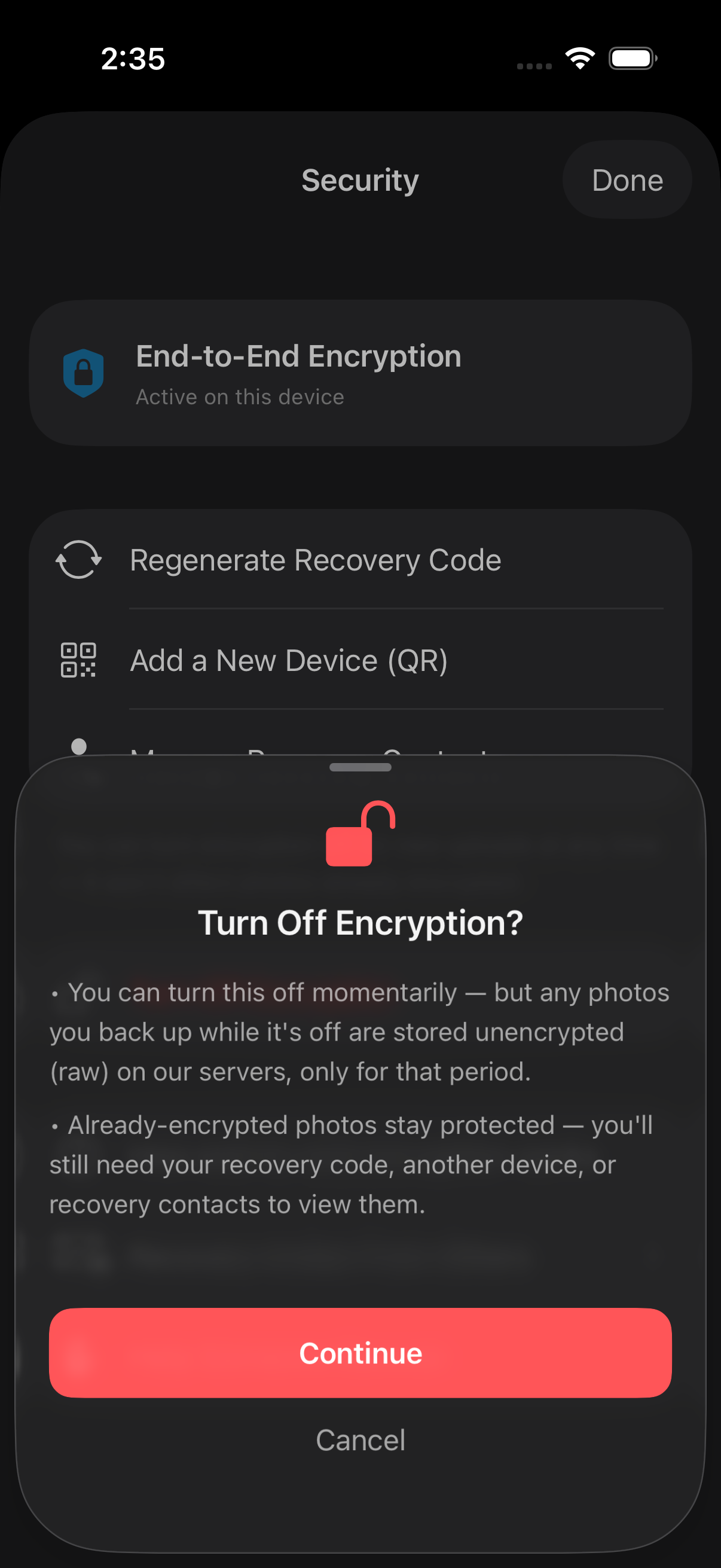 Pausing encryption requires a deliberate confirmation